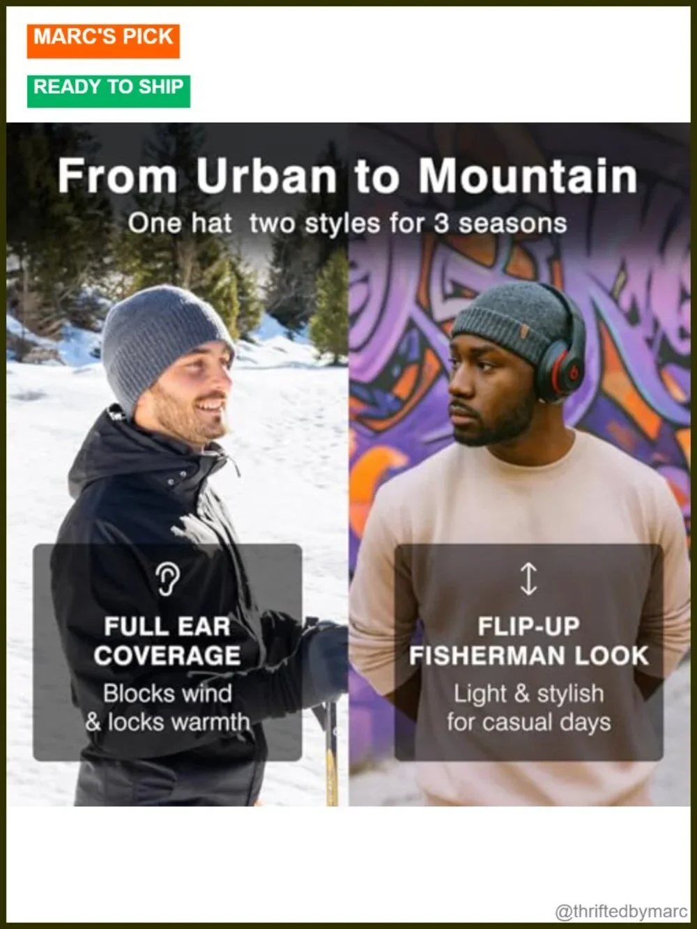 100% Merino Wool Fleece Lined Oversized Beanie Cuffed Watch Cap